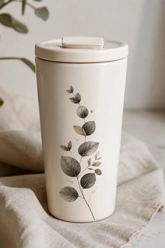 An ivory ceramic travel mug with a single eucalyptus sprig painted in black ink and gold accents, fine leaf shapes, and a clean minimal layout near the lid.