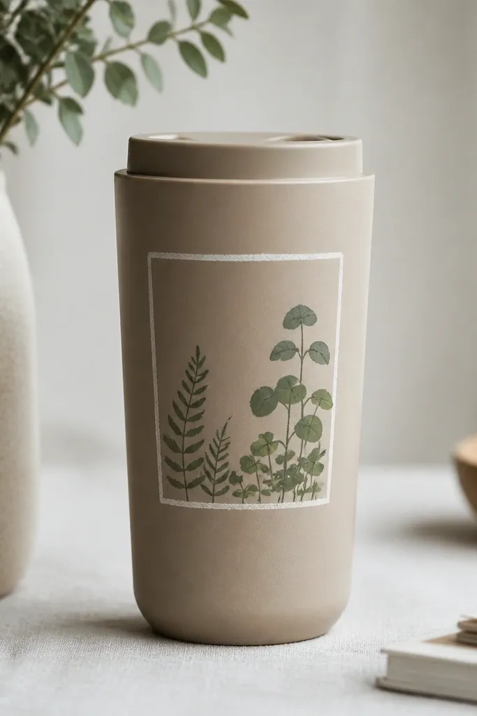 A taupe ceramic travel mug with a chalky white terrarium rectangle frame, inside it are simple green plant shapes, and the lid ring area stays blank.