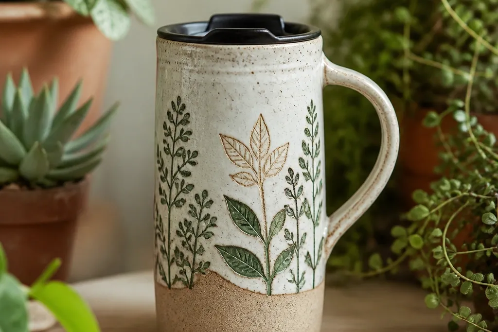 Handmade ceramic travel mug with plants