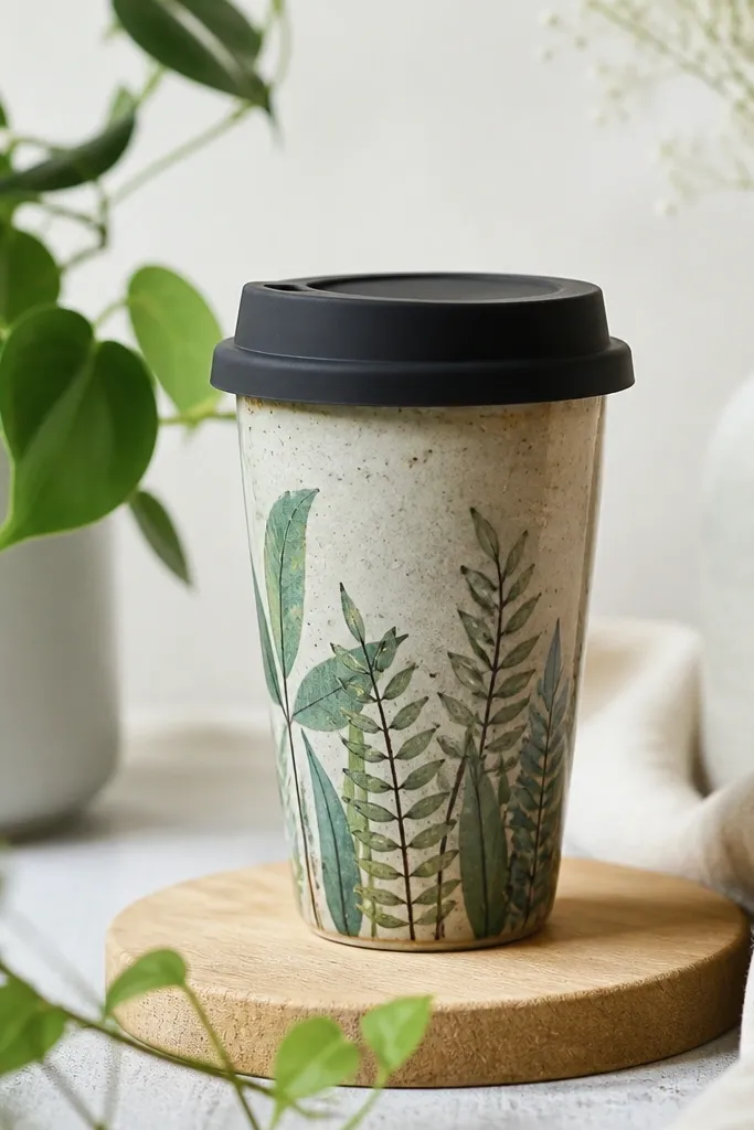 Handmade ceramic travel mug with plants