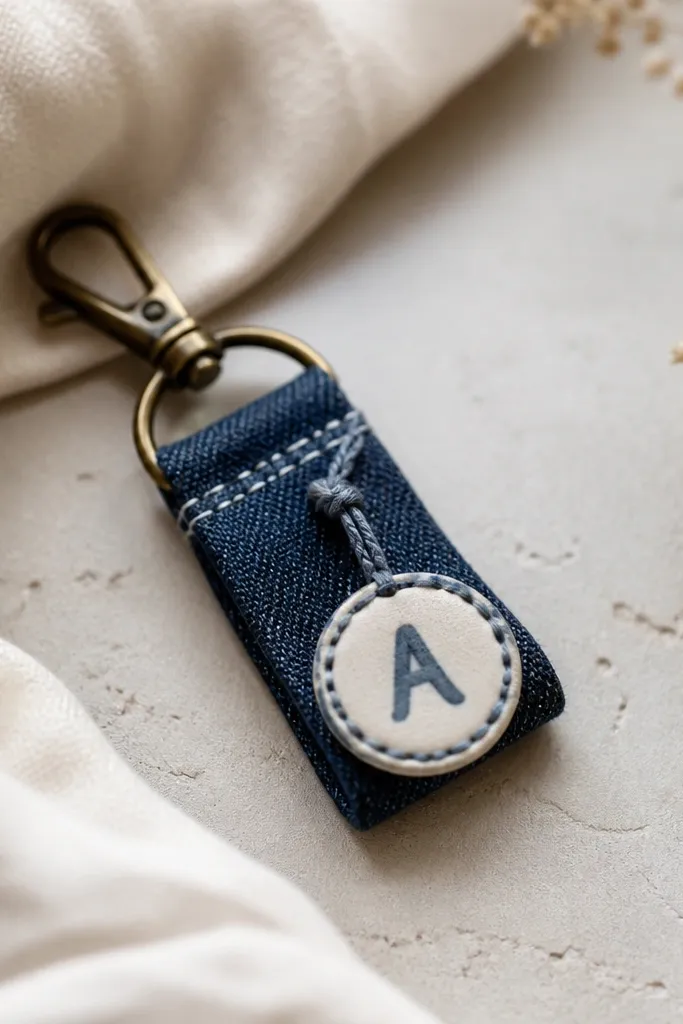 A small keychain made from a folded piece of denim fabric with a stitched top edge, a tiny metal clasp, and a hand-sewn charm. The charm is a round disc with a painted initial, and the thread color matches the denim - muted navy with off-white stitching.
