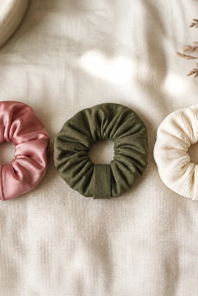 Three scrunchies laid in a row: one in dusty rose satin, one in olive cotton, and one in cream ribbed knit. Each has a neat gathered center and a small stitched seam that sits flat, with no bulky knots visible.