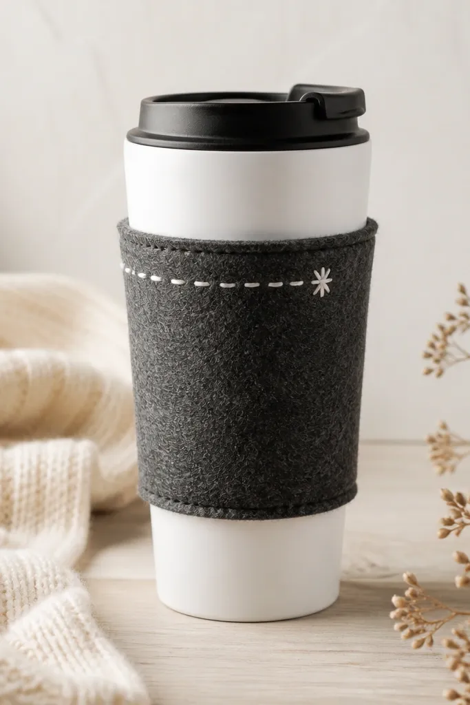 A cozy mug sleeve wrapped around a plain travel mug. The sleeve is made from thick felt in charcoal gray, with a hand-painted tiny line of letters near the top and a small star doodle in white paint.