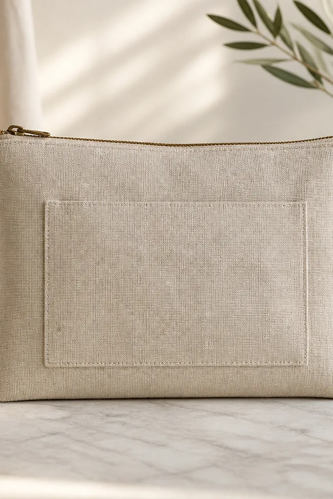 A rectangular linen pouch with a zipper running across the top and a smaller hidden zipper pocket on the front. The linen is light oat beige, the zipper is brass-colored, and the pocket has a simple stitched border.