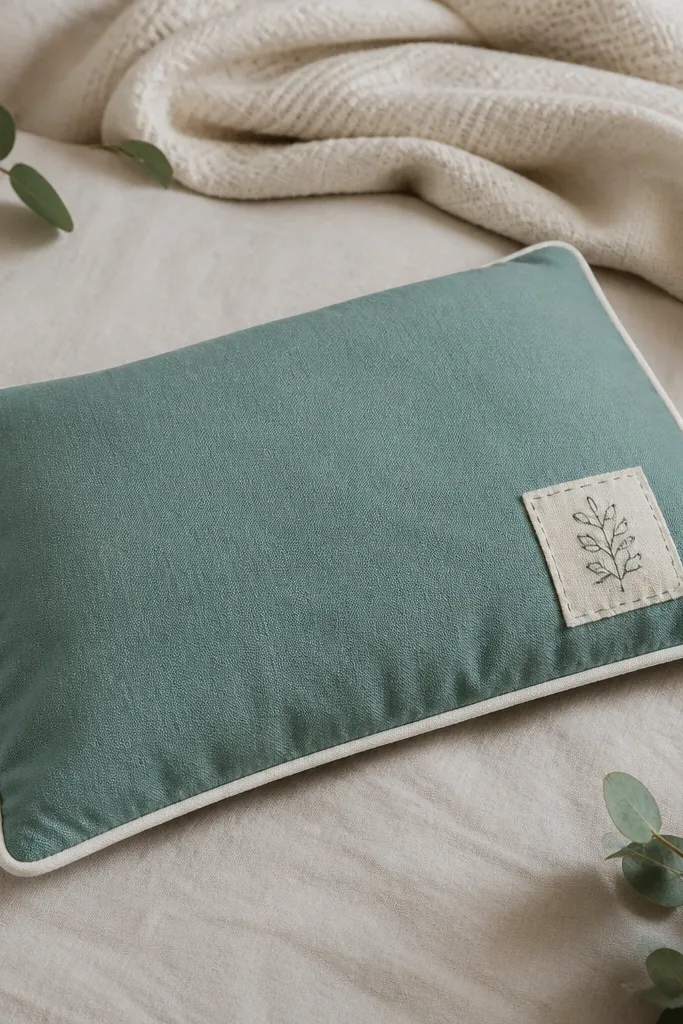 A rectangular rice heating pad wrapped in soft cotton fabric. The fabric is a muted teal with white piping along the edges, and there's a hand-stitched label patch near one corner.