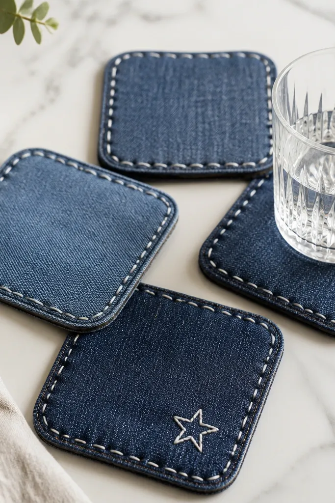 Four denim coasters with rounded corners, each layered from two denim pieces. They have tight hand stitches around the edge in contrasting white thread, and one coaster has a small stitched star.