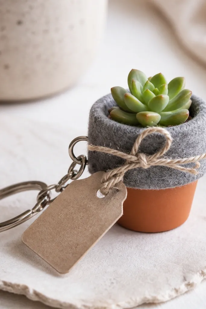 A small keychain planter made from a tiny terracotta pot attached to a metal ring. A felt pouch wraps the pot top, and there's a small hand-written label tag tied with twine.