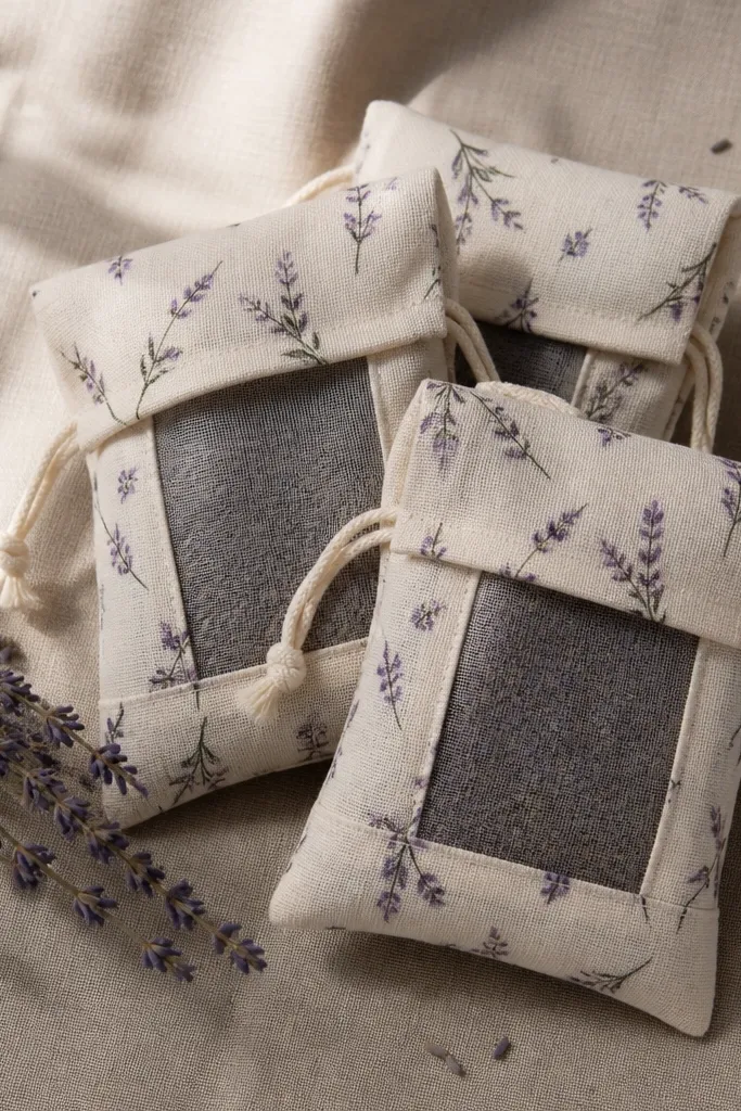 A set of small fabric sachets in a matching pattern. Each sachet is a folded muslin envelope with a drawstring, and inside you can see dried lavender buds through a light sheer panel.
