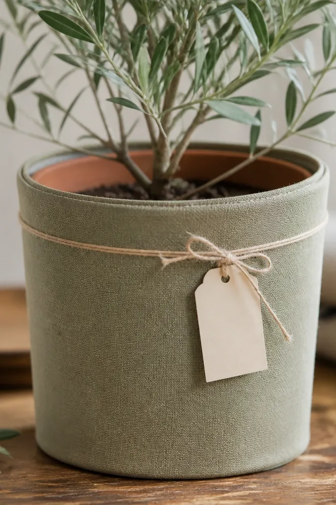 A terracotta pot wrapped inside a neatly fitted fabric sleeve with a crisp top edge, a small cream label tied with twine, and a thin clear seal layer visible at the rim so the outside looks smooth and wipeable.