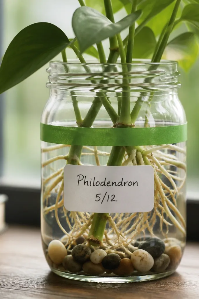 A clear glass jar holding plant cuttings with roots submerged, a neat strip of green painter's tape marking the waterline, a handwritten label on white cardstock, and small pebbles at the bottom to keep stems from resting on glass.