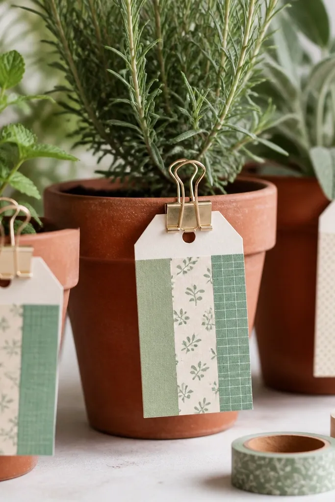 A set of small plant labels made from layered washi tape on cardstock, each tag tied with mini binder clips to a terracotta pot, with a coordinated green-and-cream tape pattern.
