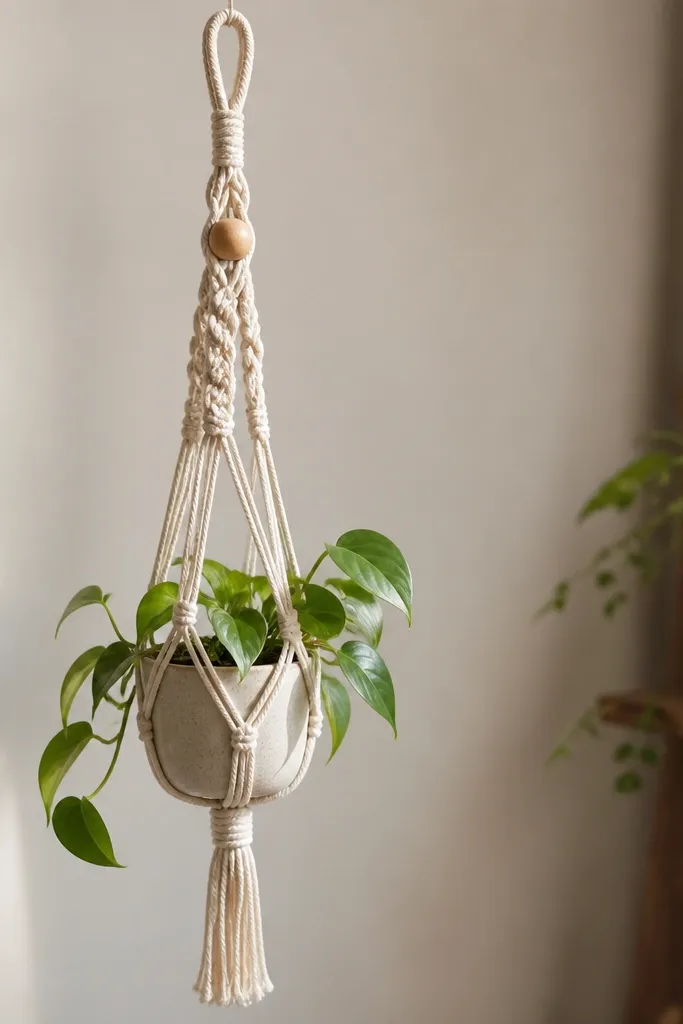 A macramé hanger made with natural cotton cord holding a small potted plant, with a clean knot structure, a slightly off-center hanging loop for symmetry, and a wooden bead detail near the top.