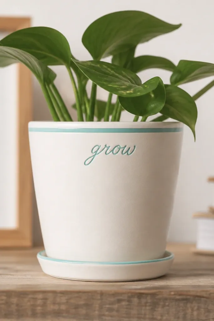 A small ceramic pot painted in matte off-white with a thin seafoam rim line, a hand-lettered word near the top edge, and a clear protective coat that gives a smooth, wipeable finish.