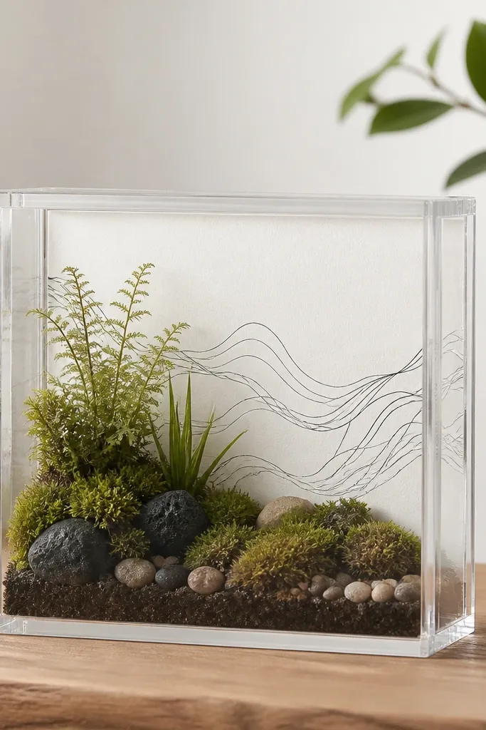 A small clear acrylic box frame with layered moss, tiny decorative stones, a miniature plant clump, and a white paper backing with a simple hand-drawn line design.