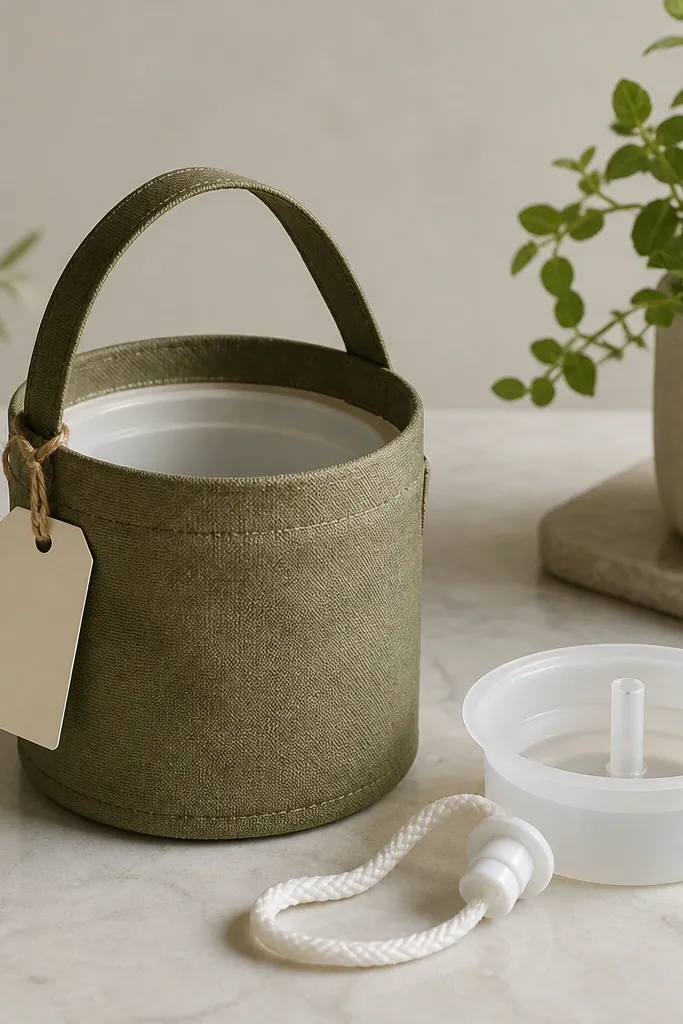 A fabric-wrapped planter with a visible interior insert, a removable cotton wick leading into a small water reservoir, and a tidy label tag tied to the handle.