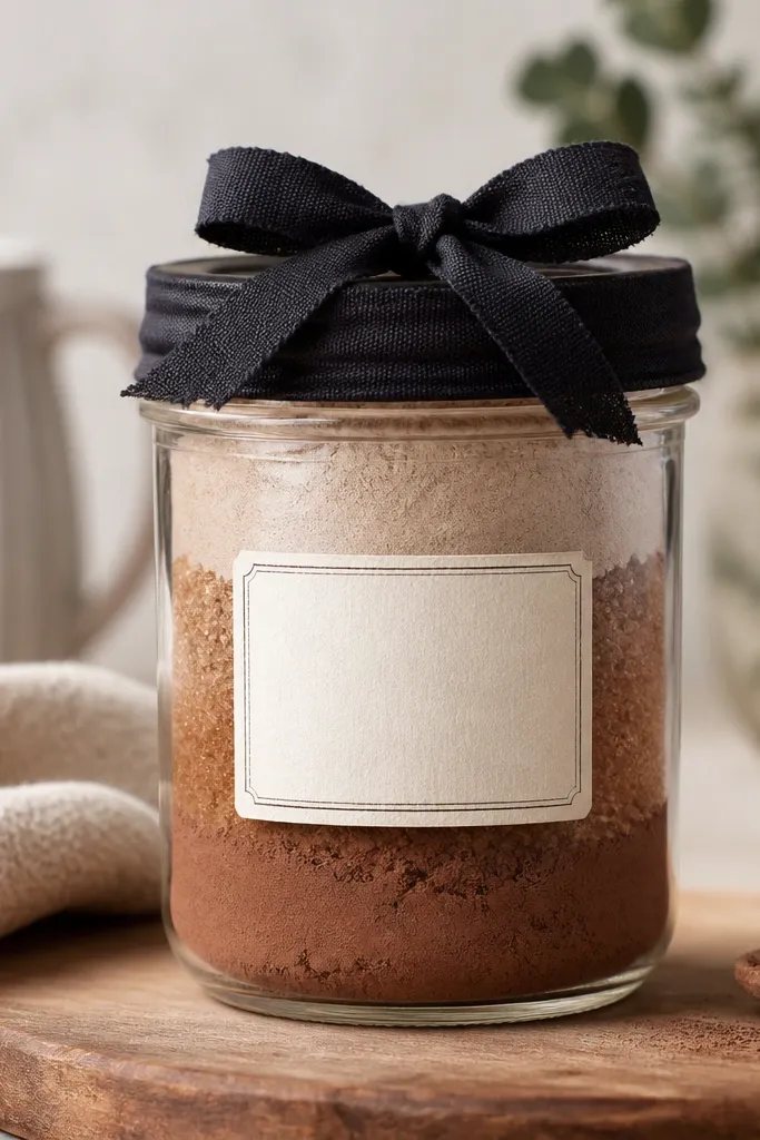 A clear 12 oz mason jar filled with three visible layers: pale beige cocoa, warm brown cinnamon sugar, and darker cocoa powder at the bottom. The lid is wrapped in black cotton ribbon with a short bow on top. A rectangular cream label sits centered on the jar with small hand-lettered text in dark brown ink.