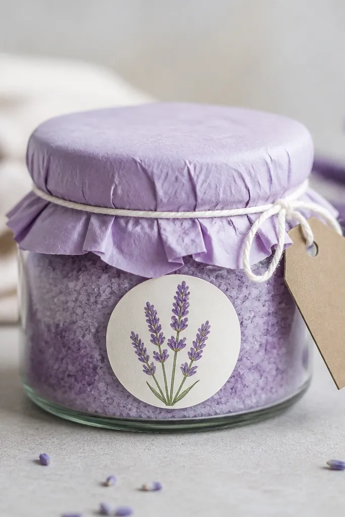 A short 8 oz glass jar filled with pale purple sugar crystals. The lid is covered with soft lilac tissue paper tucked tightly around the rim and held with a thin strip of white twine. A round label with a lavender illustration sits on the front, and a small kraft tag is tied to the twine.