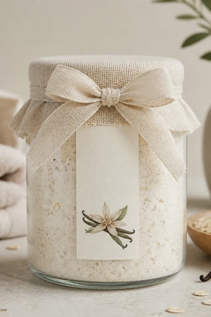A 16 oz clear jar filled with creamy white oat bath soak with a few vanilla bean flecks visible. The lid is wrapped with a wide strip of natural linen tied into a neat bow. On the front, a vertical label made of off-white paper sits above a small illustrated sprig of vanilla.