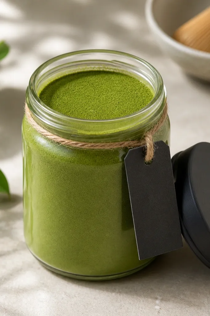A 12 oz jar filled with bright green matcha powder with a smooth, level top. The lid is painted matte charcoal and left to dry fully. A small charcoal tag hangs from a thin jute twine loop attached to the jar's neck.