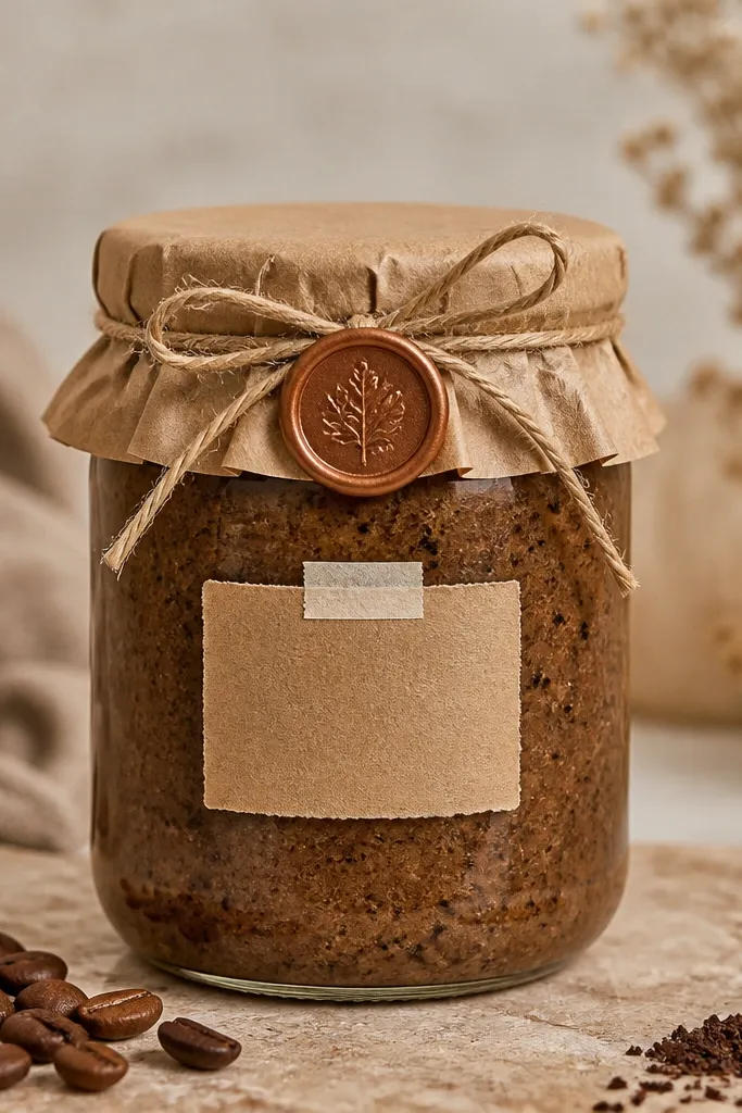 A 16 oz jar filled with a thick brown scrub that shows small coffee grounds throughout. The lid is wrapped in kraft paper band and tied with twine. A small wax seal is pressed onto the kraft near the center. A kraft label with cream handwriting is taped to the front.