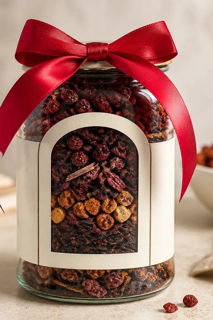 A clear 12 oz jar layered with dried berries and tea leaves in reddish-brown tones. The lid is wrapped with a bright red satin ribbon tied into a bow. A window-style label uses a clear plastic sleeve over printed paper, showing the layers through the label area.