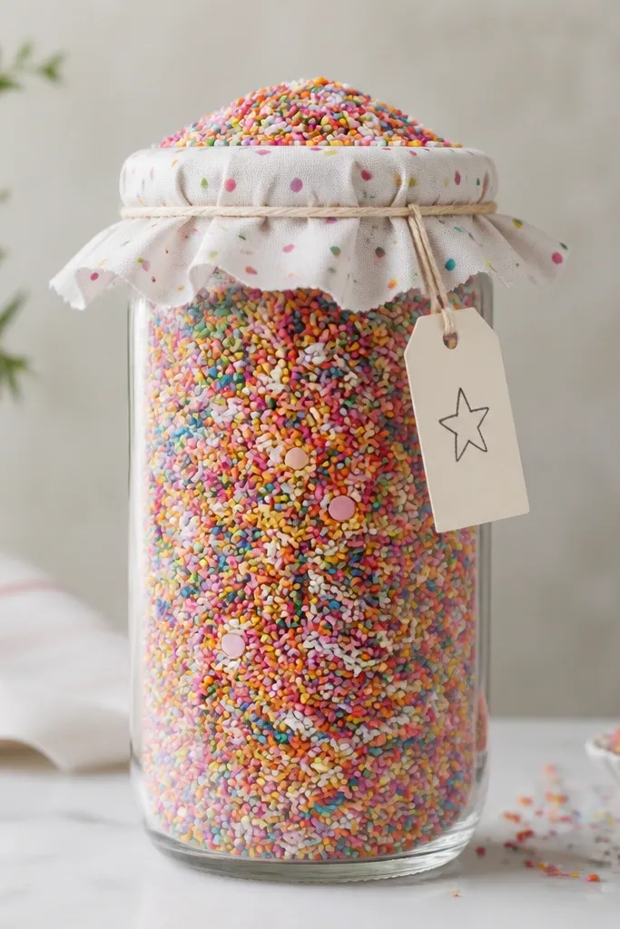 A tall 16 oz jar filled with multicolored sprinkles arranged in a slightly domed top. The lid is wrapped with a white fabric tie with small multicolored polka dots. A handmade tag with a small star drawing hangs from the tie.