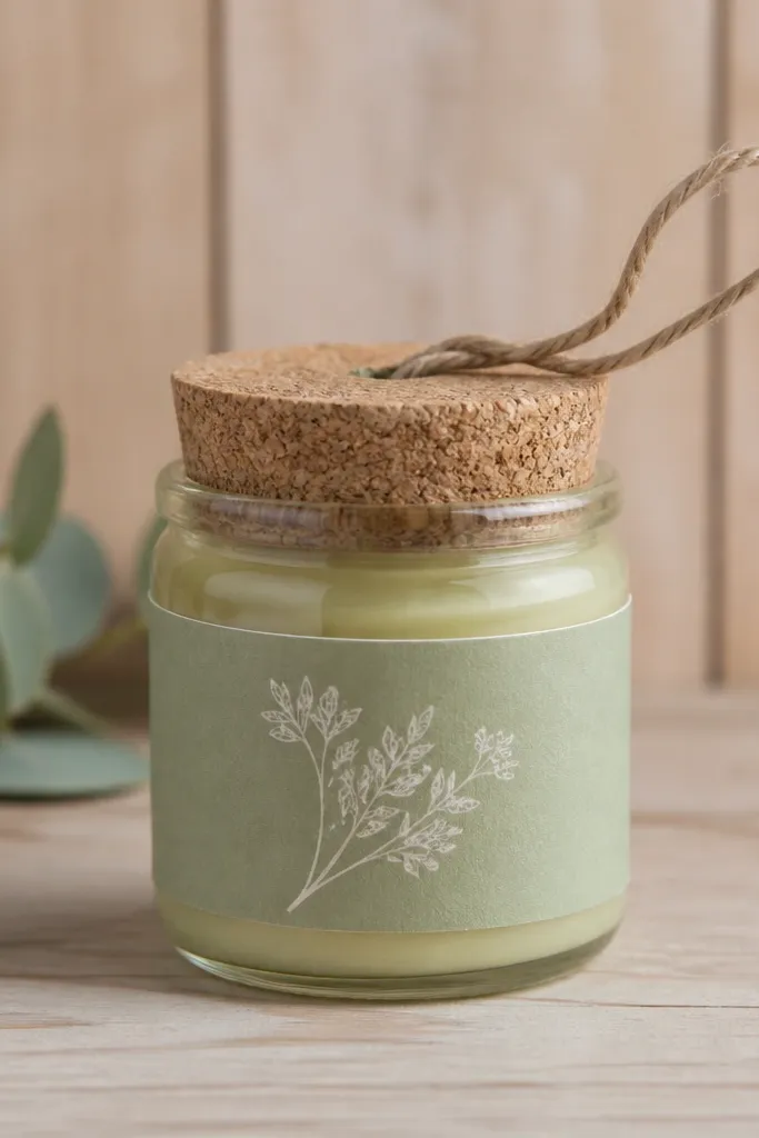 A small 4 oz jar filled with pale green salve. The lid is a cork top with a thin twine loop. The label is sage green paper with a white botanical icon and small black text. The jar sits against a light wood background.