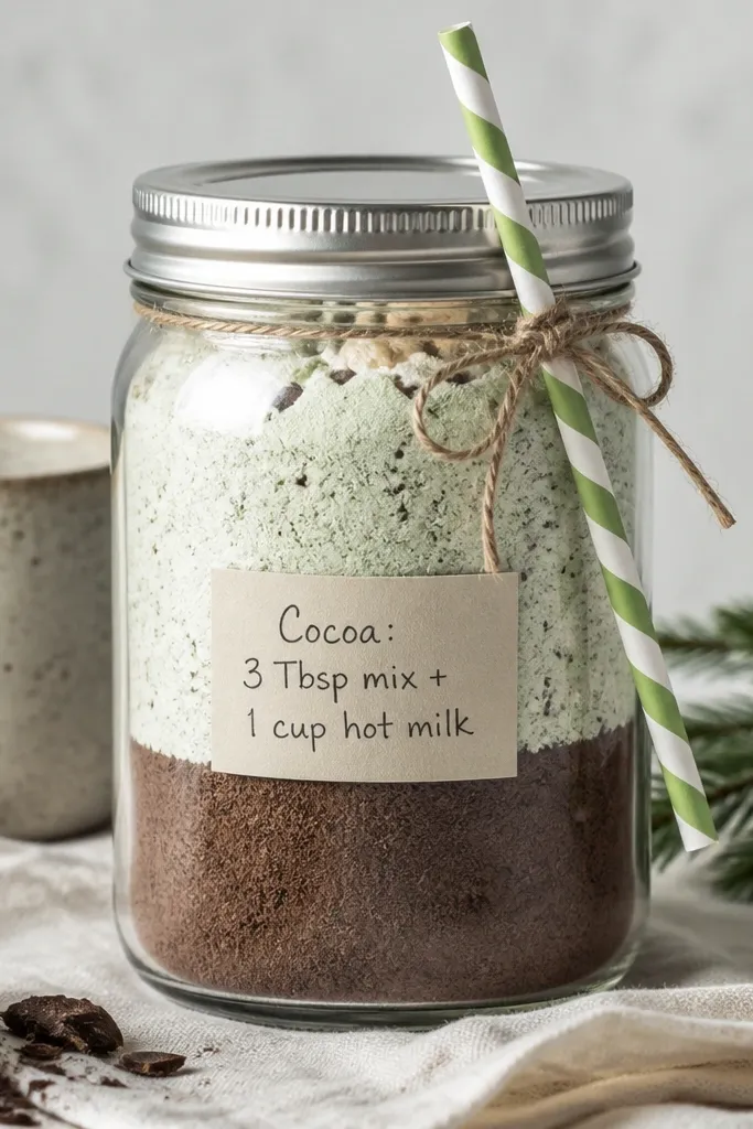 A clear 12 oz jar with two layers: dark cocoa powder at the bottom and pale minty cocoa mix at the top. The lid has a thin green-and-white striped paper straw tucked under a twine knot. A small rectangular label sits center-front with a handwritten cocoa recipe line.