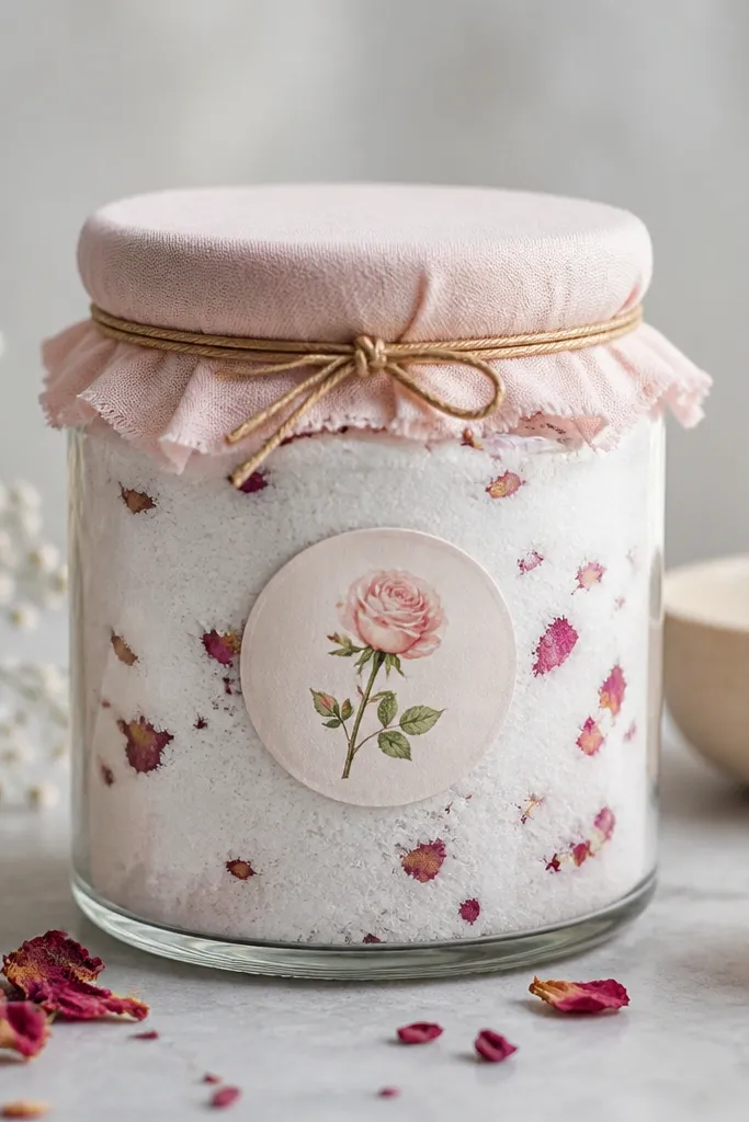 A 16 oz jar filled with white bath bomb mix powder with scattered dried rose petals visible through the glass. The lid is wrapped with a soft pink band of fabric and secured with a thin gold cord. A round sticker label with a small flower illustration is placed on the front.