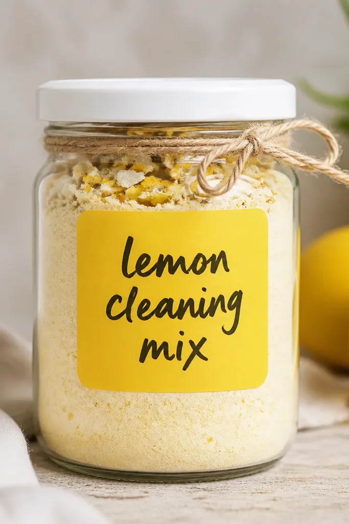 A 12 oz jar filled with pale yellow cleaning mix with visible dried lemon peel flakes near the top. The lid is matte white with a thin twine tie. A bold yellow label block sits centered on the jar front with black handwritten text.