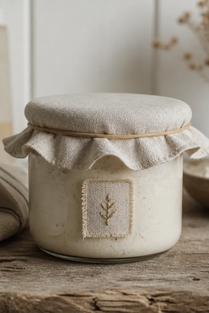 A small 8 oz jar holding a thick creamy starter mixture. The lid has a fitted fabric cover over the rim, secured with a rubber band. The front has a tiny stitched patch label in light beige with hand-stitched lettering. The overall look is farmhouse and soft.