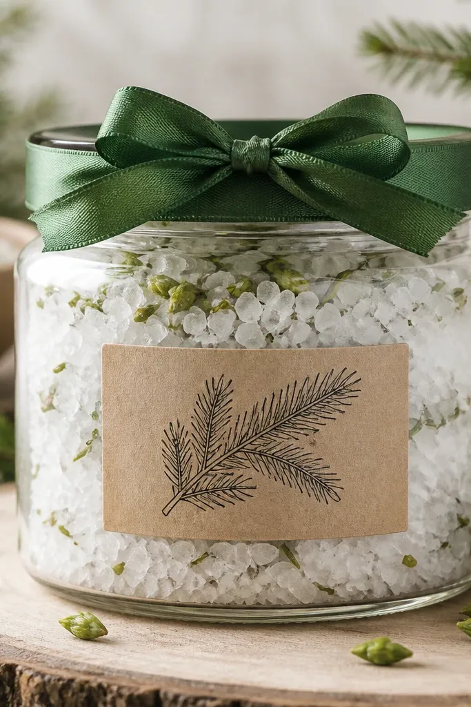 A wide 16 oz jar filled with coarse white bath salts and tiny green spruce tip pieces floating near the top. The lid is wrapped with pine green ribbon tied into a bow. A kraft label with a simple line drawing of a spruce branch sits on the front.