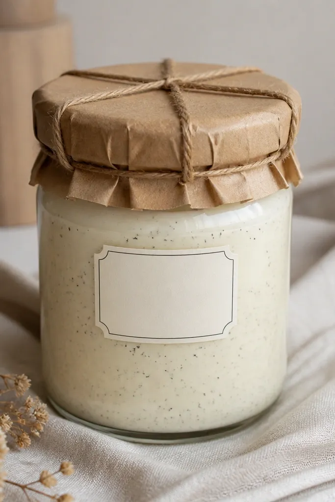 A clear jar holding a pale cream candle with visible dark vanilla bean specks suspended through the wax. The lid is covered with kraft paper and tied with twine in a crosshatch pattern. A small cream label with dark handwriting is centered on the jar front.