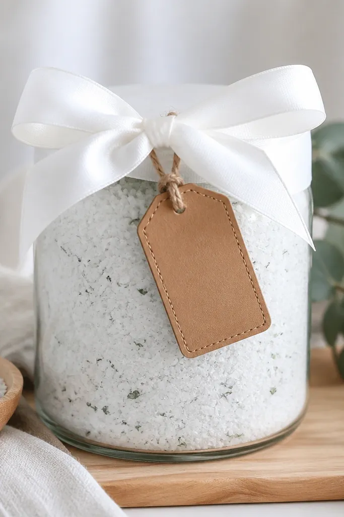 A 12 oz jar filled with white foot soak powder with small pale green bits mixed in. The lid is wrapped with a wide white ribbon tied into a bow. A faux leather tag in tan hangs from the bow with a small hole and a short piece of twine.