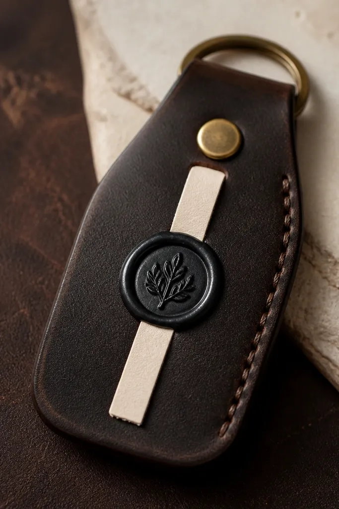 A close-up of a dark brown leather key fob laid flat. A small brass snap sits near the top, and a round wax seal sticker is stamped in black wax on a narrow cream leather strip. The edges are burnished and look smooth, with a single straight stitch line visible only along one side.