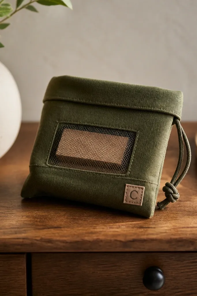 A small folded canvas pouch in olive green with a drawstring. Inside, a pale cedar block is visible through a mesh window panel. A tiny stitched patch reads a single letter, and the pouch is photographed on a wooden dresser with soft side lighting.