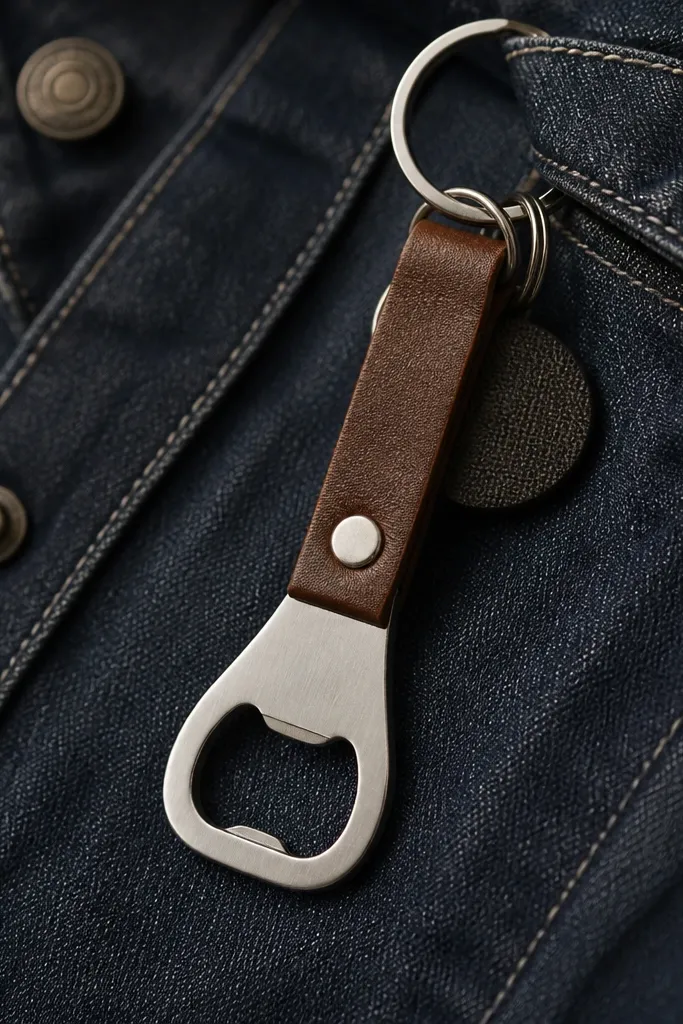 A stainless bottle opener shape attached to a leather keychain strap. The back has a small round magnet covered by a black fabric circle. The opener is photographed against a dark denim jacket with a key ring attached.