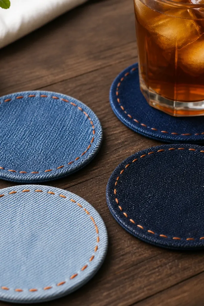 Four denim coasters in different shades of blue, each with visible hand stitching around the edge in bright orange thread. The coasters sit on a dark wood table with a glass of iced tea partially in frame.