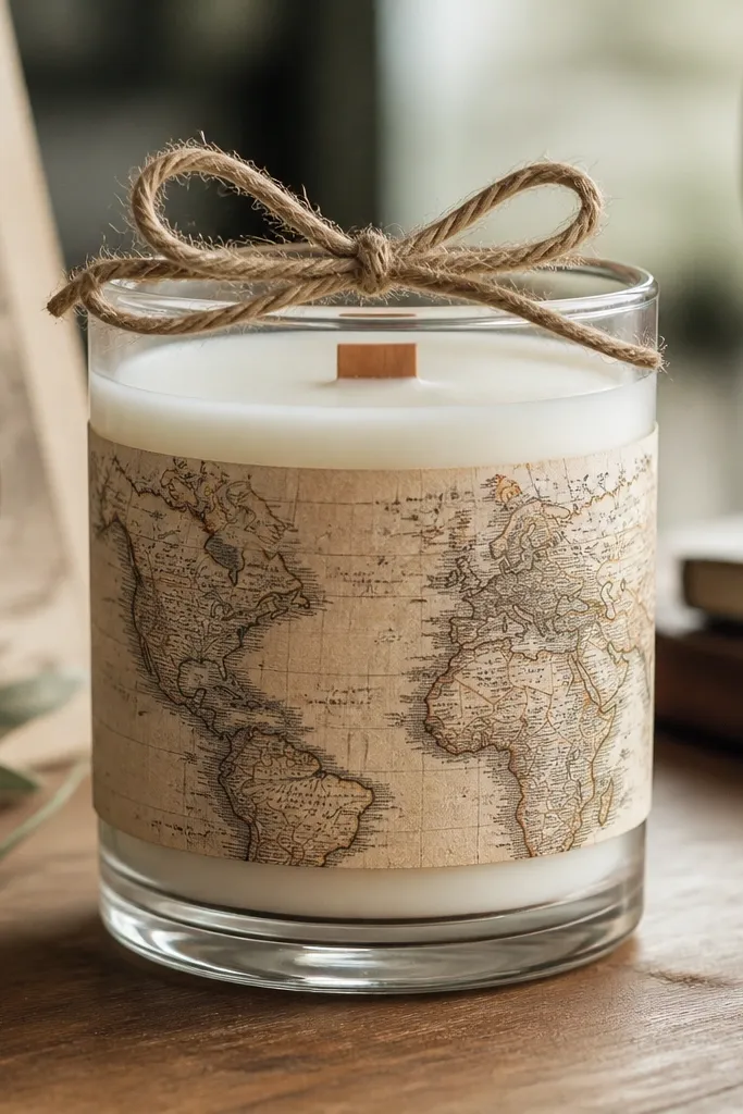 A clear glass candle jar with a printed vintage map strip wrapped around it. The label is centered, and a simple twine bow sits on top. The candle wax looks smooth, with a wooden wick tab visible on the side.