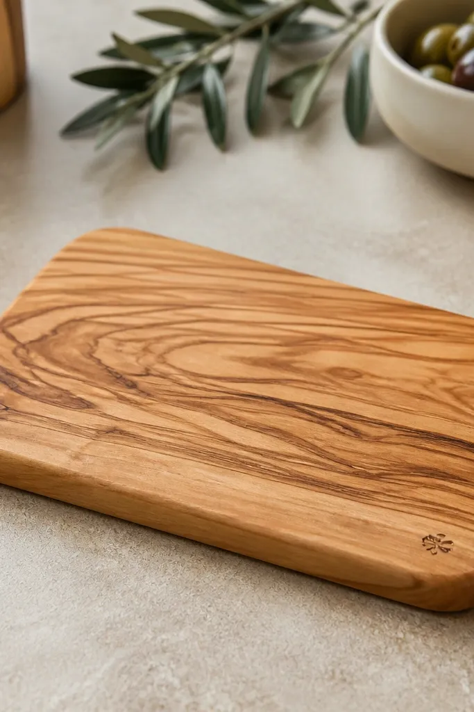 A small olive wood board on a countertop. The edges are lightly burnished and rounded, with visible wood grain. There's a small stamped mark on one corner and a food-safe oil sheen on the surface.