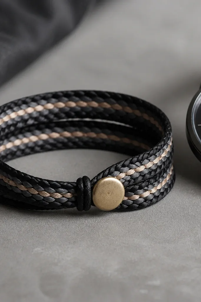 A braided wrap made from waxed cotton in black, gray, and a thin tan stripe. It's sized to fit around a watch band and fastens with a small brass button. The photo shows the wrap laid next to a dark watch face.