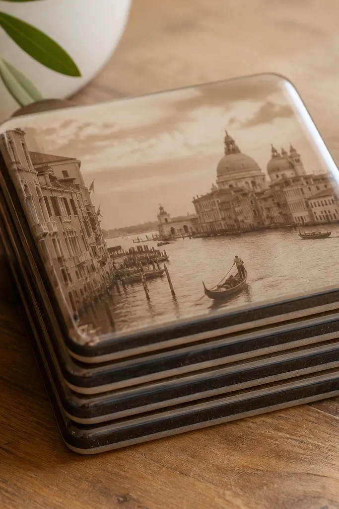 Four square coasters with a glossy finish. Each coaster has a photo transfer of a place shown in soft sepia tones, with a clear edge border. The coasters are photographed stacked neatly on a table.
