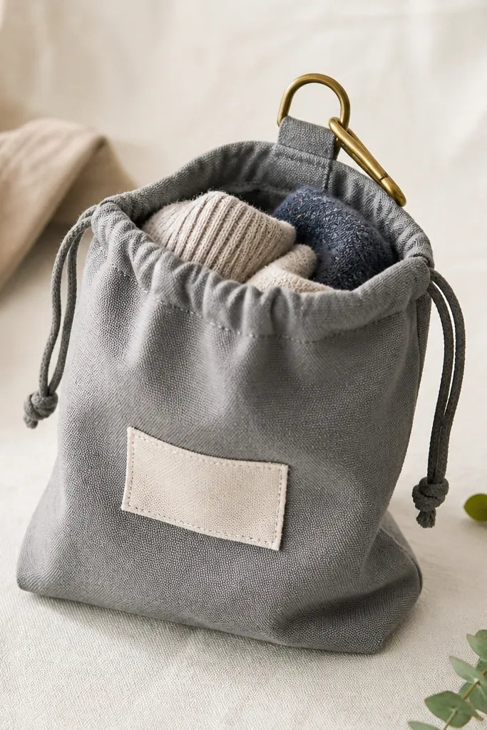 A small drawstring cinch bag in gray canvas with a cream fabric label stitched on the front. A brass D-ring sits at the top with a short carabiner. The bag is shown open with folded socks inside.