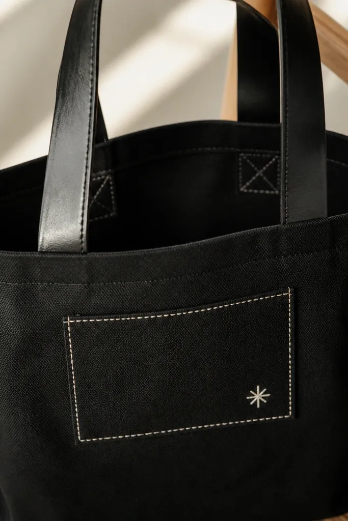 A black canvas tote bag with a stitched name patch in off-white thread and a tiny stitched star. The patch edges are clean and straight. The tote handles are thick and slightly glossy, and the photo shows the inside seam reinforcement.