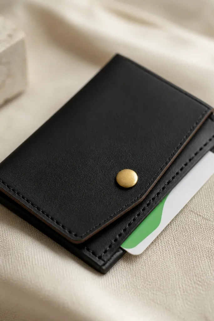 A slim black leather wallet card holder with a magnetic flap. A transit card is inserted, visible at the edge. The flap has a small brass snap detail and clean hand-burnished edges.