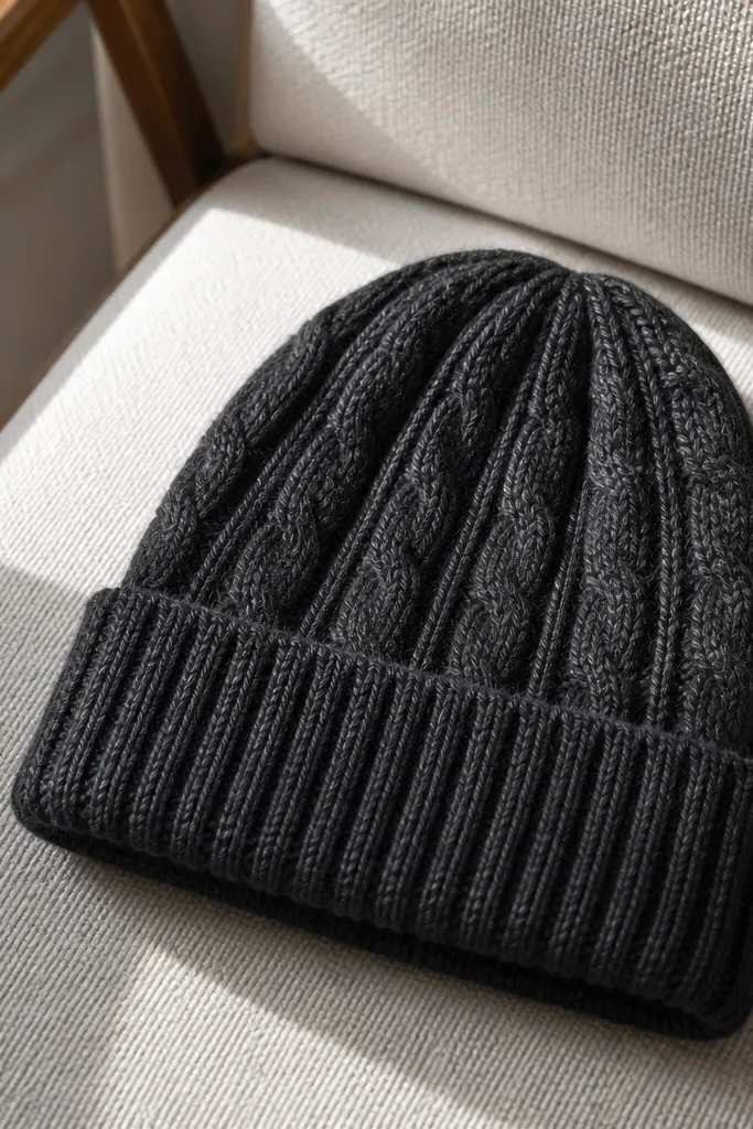 A charcoal beanie with a faux-cable pattern - raised vertical ridges that look like cables but are simpler. The ribbed brim is thicker and stitched evenly. The photo shows the hat laid on a chair with daylight highlighting the texture.