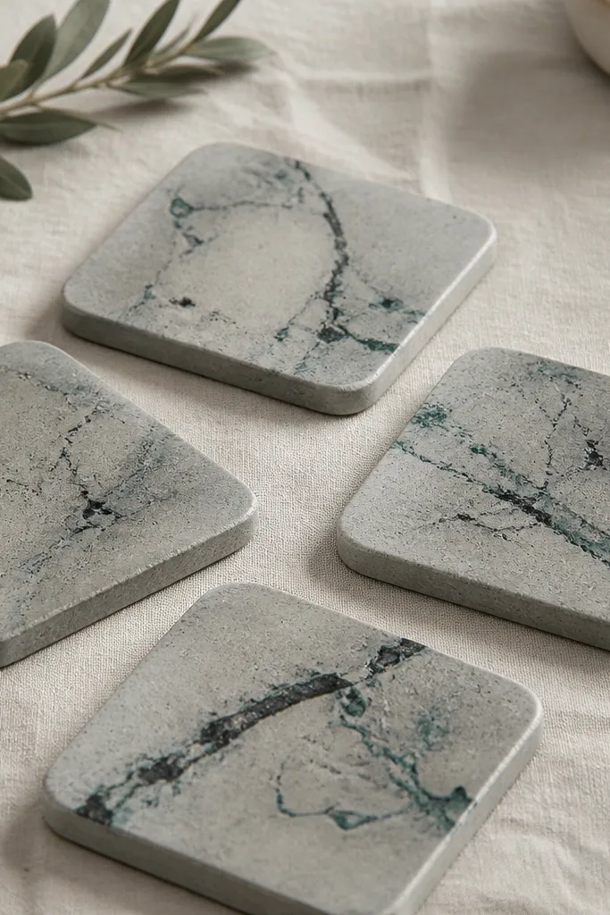Four small concrete coasters with a brushed texture. Veins of dark teal and black run through the surface like stone. The edges are lightly sanded and the coasters sit on a neutral linen cloth.