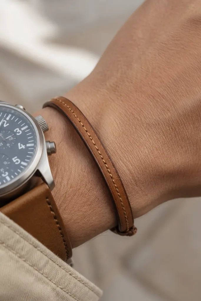 A small leather bracelet in warm tan with a braided sliding knot closure. The leather strip is flat and smooth, with a single row of edge stitching in dark brown thread. The bracelet is photographed on a wrist with a watch in frame.