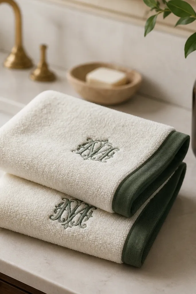 Two hand towels in off-white with a single color block border in muted forest green. A monogram is stitched in the center in matching green thread. The towels are folded on a bathroom counter.
