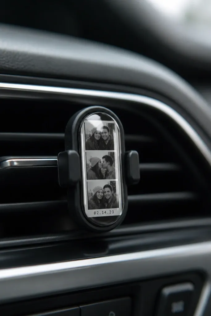 A black car air vent clip holding a small resin window. Inside the resin is a tiny photo strip in grayscale with a date stamp. The resin has a glossy dome finish and sits centered in the clip.